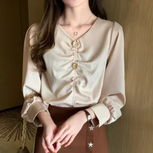 Blouse Satin Beige Froncée