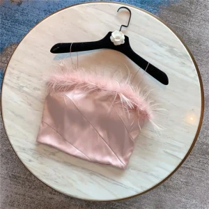 Crop Top Satin Bustier À Plumes