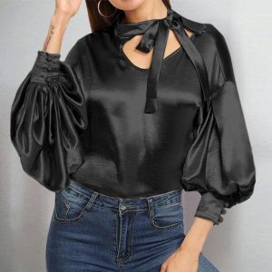 Blouse Satin Noir Femme À Noeud