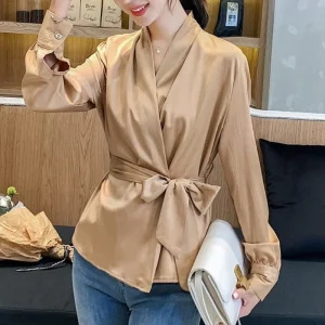 Blouse Satin Beige À Noeud
