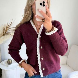 Cardigan bordeaux détail dentelle