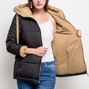 Doudoune réversible femme à capuche – Noir et beige