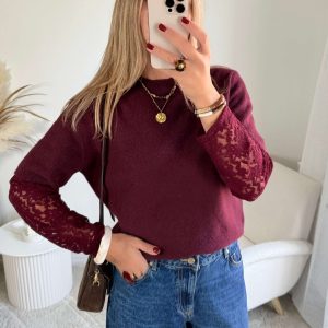 Pull manches dentelle bordeaux
