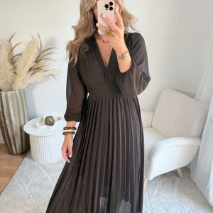 Robe longue plissée marron foncé – Diane