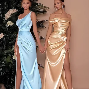 Robe longue satin bleu ciel