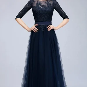 Robe de bal bleue longue en dentelle
