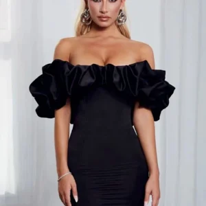 Robe Satin Noire Volants