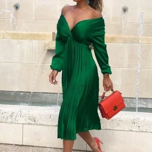 Robe Longue Verte Satin Plissée