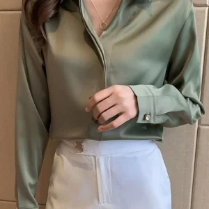 Chemisier Satin Vert Olive - DESTOCKAGE