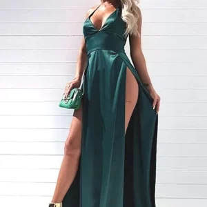 Robe Longue Verte Satin Fendue
