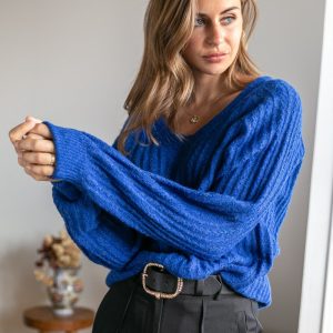 Pull col réversible bleu ROSA – Col V/ Col Carré