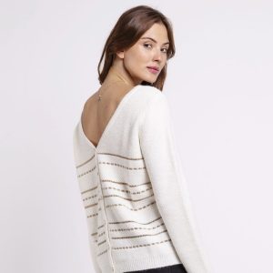 Gilet réversible femme avec rayures pailletées -ECRU