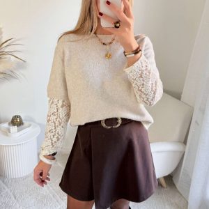 Pull manches dentelle beige