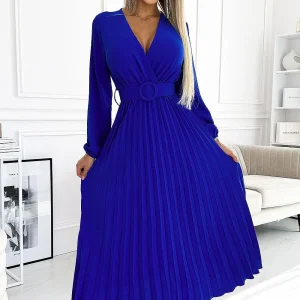Robe bleue électrique plissée manche longue