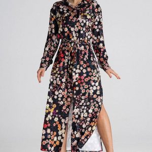 Robe chemise fleurie noir manche longue