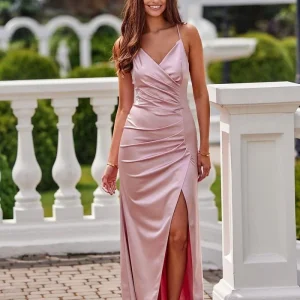 Robe chic rose longue fendue