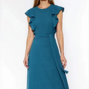 Robe trapèze bleue midi manches volants