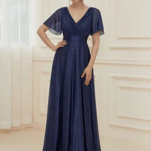Robe de soirée bleue manches à volants scintillante