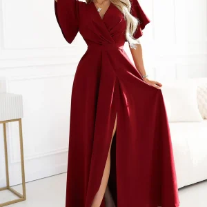 Robe de soirée chic longue fendue rouge cerise