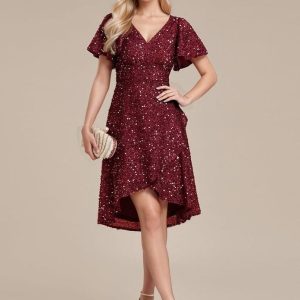 Robe de soirée courte bordeaux à paillettes