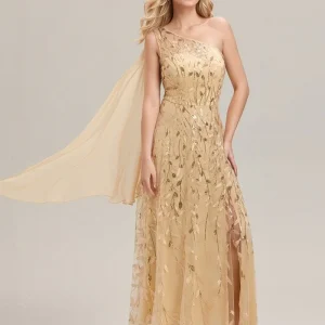 Robe de soirée de mariage dorée une épaule et fente