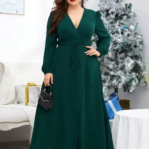 Robe de soirée grande taille verte manches longues
