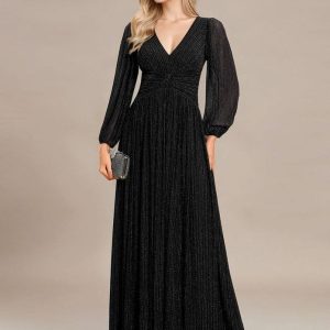 Robe de soirée longue noire manches longues col en V