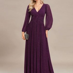 Robe de soirée longue violette manches longues