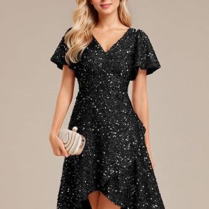 Robe de soirée noire asymétrique à sequins