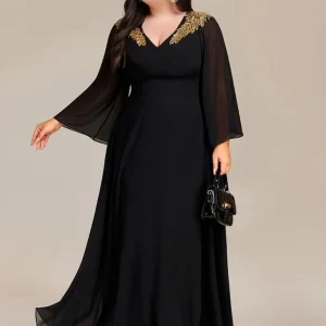 Robe de soirée noire grande taille manches longues évasées