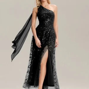 Robe de soirée noire une épaule avec fente