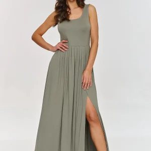 Robe été longue fendue sans manches
