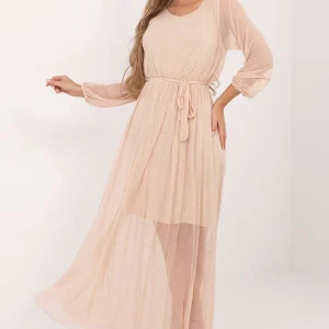 Robe beige longue pailletée manches longues transparentes