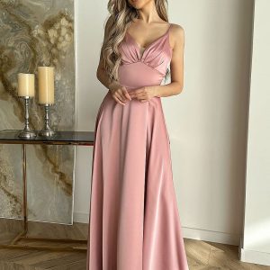Robe longue rose poudré fendue satinée