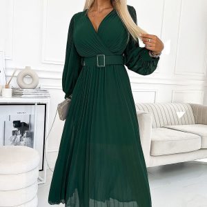 Robe manche longue verte longue plissée