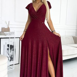 Robe maxi brillante bordeaux manche courte