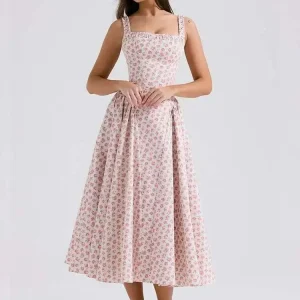 Robe midi évasée fleurie col carré