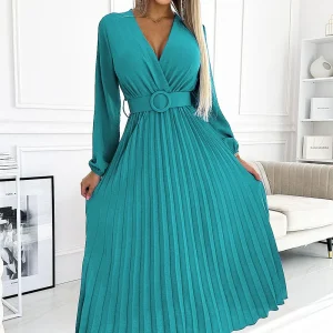 Robe plissée midi turquoise à manches longues