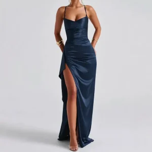 Robe Satinée Dos Nu Bleu Marine