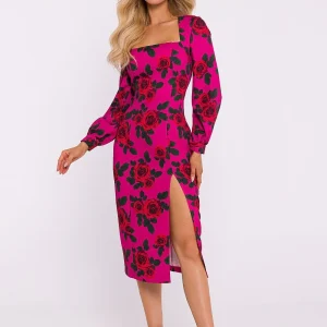 Robe midi motif fleuri encolure carrée