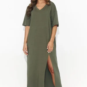 Robe T-shirt verte midi fendue casual