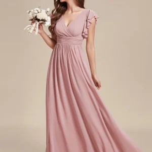 Robes demoiselle d'honneur rose poudré avec ceinture et volants